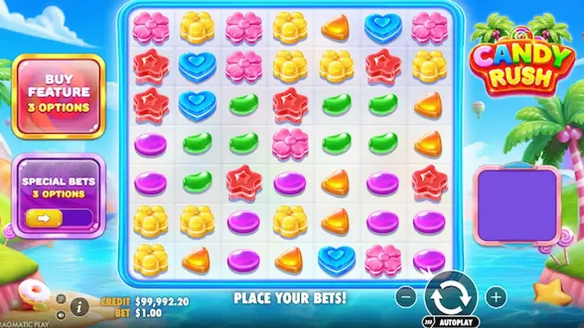 Interface colorida e vibrante do slot Candy Rush com símbolos de doces